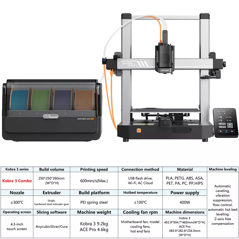 Anycubic Kobra 3 Combo 3D Printer Smart Multicolor Printing 600mm/s High Speed