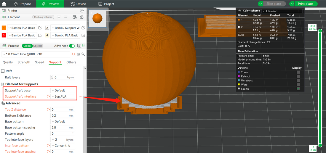 Bambu Studio preview showing support base and dedicated interface filament
