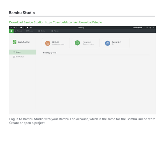 Bambu Studio home screen from the official P1S quick start guide