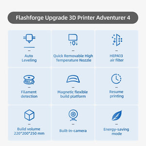 Flashforge Adventurer 4 Auto Leveling Quick Removable Hign Temp Nozzle Flexible CNC Platform HEPA13 air Filter 220 x 200 x 250