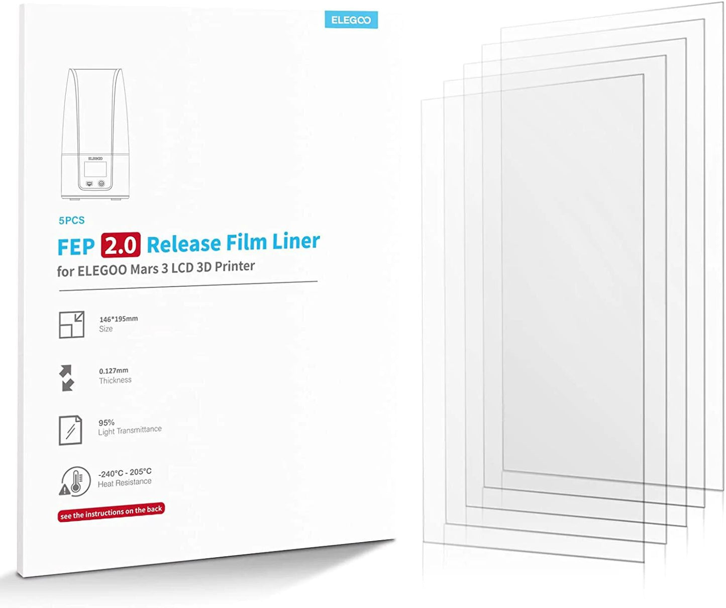 ELEGOO FEP2.0 (PFA) RELEASE LINER FOR Mars3/ SATURN 2/Jupiter 3D PRINTER (5PCS)