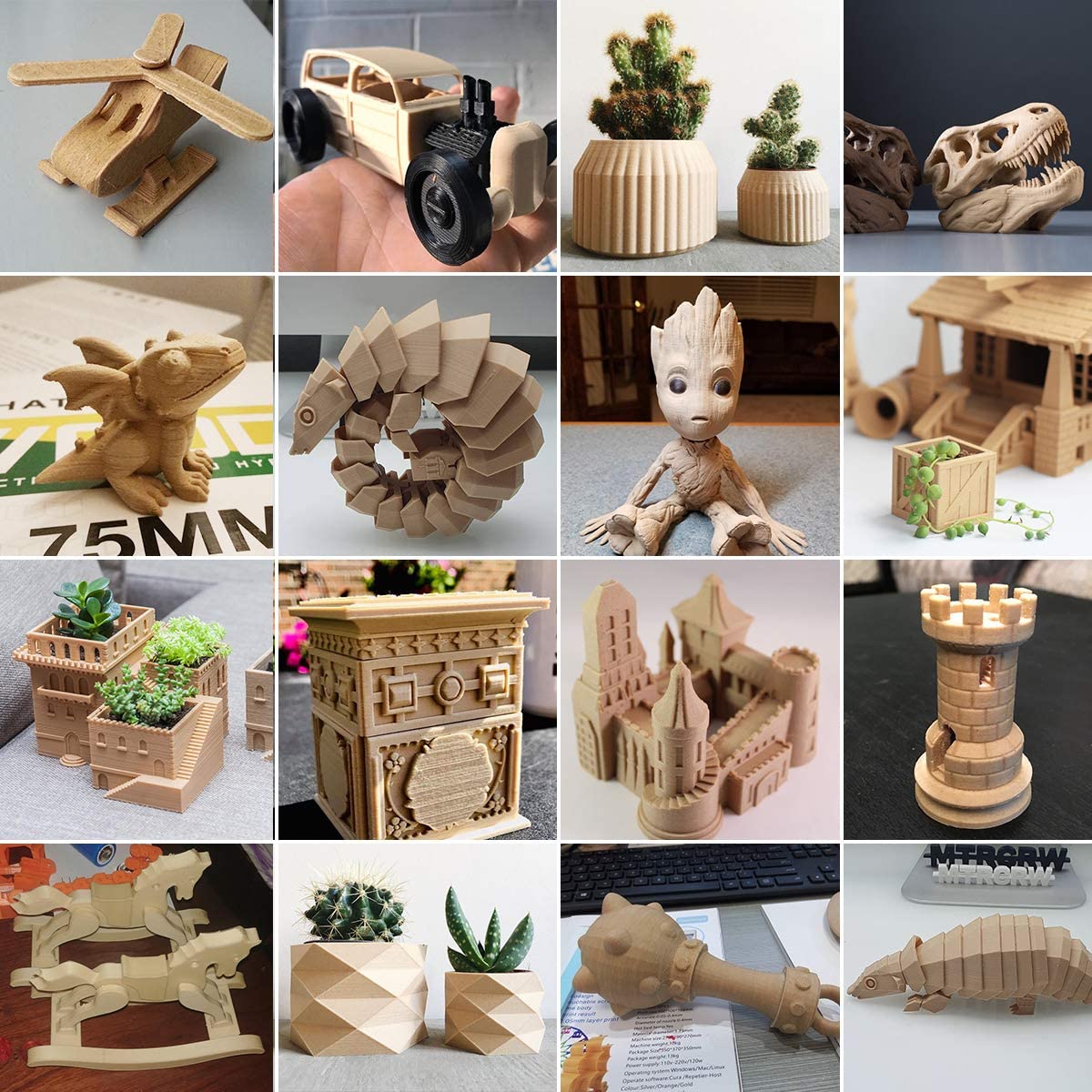 Wood PLA Filament, 1.75mm 3D Printer Filament, Wood 3D Printing 1KG Spool, Dimensional Accuracy +/- 0.02mm, Wood PLA